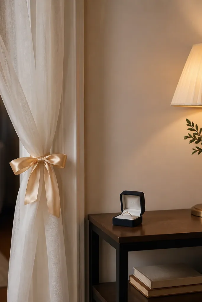 A home living room corner where a sheer curtain hangs near an entry. A satin ribbon is tied near the curtain edge, and the ring box sits on a small console table just inside the corner. Warm lamp light fills the room, with a clean wall background behind.