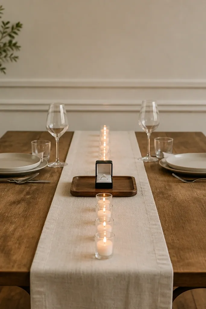 A dining table set for a proposal with a neat row of small pillar candles in glass holders. A white or cream table runner runs down the center, and a wooden tray holds a ring box at the exact midpoint. Chairs are pushed in slightly, and the background wall is simple.