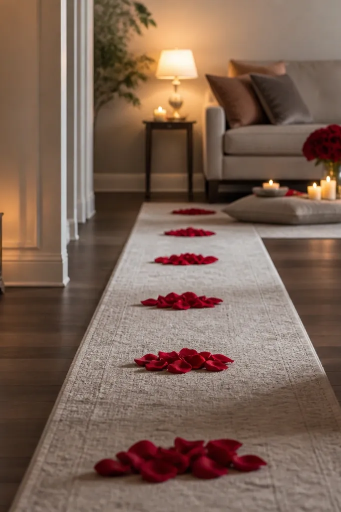 A hallway or living room floor with a narrow runner rug. Rose petals are placed in small clusters at intervals along the runner, leading to a kneeling spot near a couch. The background has soft lamp light and no clutter.