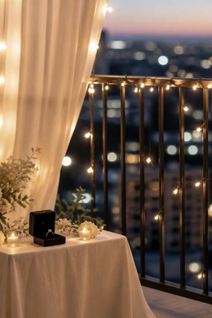 A home balcony proposal with warm string lights draped along a metal railing. A lightweight curtain hangs as a backdrop, and the ring box sits on a small table beneath the lights. The city lights blur in the distance, and the foreground looks clean.