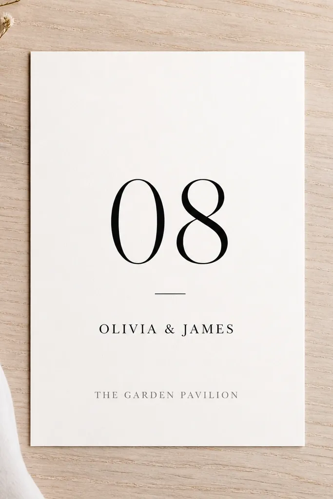A 5x7 matte cream postcard lying flat on a light wood table. The design has a single large black date number in the center, names in smaller serif text beneath, and a soft gray venue line at the bottom. There's no busy pattern, just crisp typography and lots of white space.