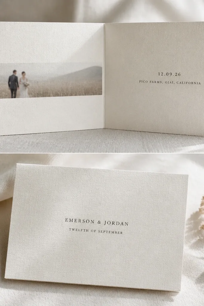 An A6 linen-texture fold card open like a book. The left inside panel shows a narrow horizontal photo strip with soft focus. The right inside panel has the date and venue printed in dark ink. The outer cover is minimal with only two lines of text.