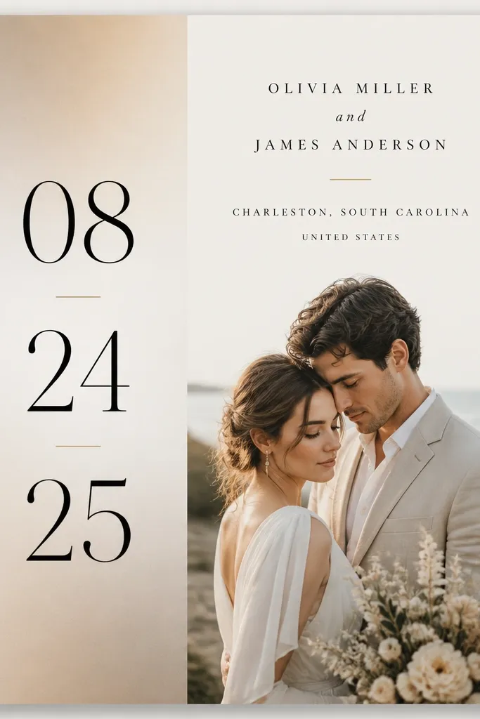 A vertical digital poster on a neutral background. Left column has a large date in black, right column has names and location lines in smaller text. The overall look is clean with a subtle gradient behind the date block.