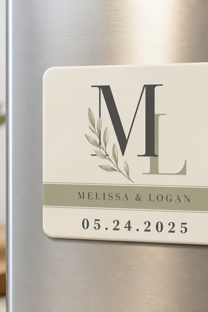 A refrigerator magnet shaped like a rectangle with rounded corners. It has a large monogram in the center, the names below, and a bold date line at the bottom. The background is a soft off-white with a muted color accent stripe.
