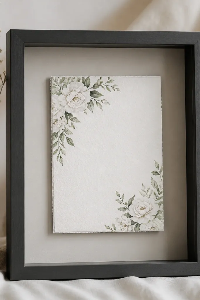 A WedQuix 15 shadow box with a deep grey frame, clear front panel, and the wedding invitation mounted slightly off the back. The invitation sits centered with a visible gap around it, showing soft, even depth.