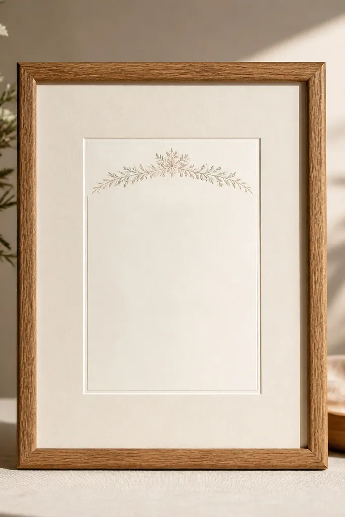 A classic card frame with warm oak wood, a cream mat board, and the invitation centered behind glass. The mat creates a neat border around the paper, with no visible gap between paper and glass.