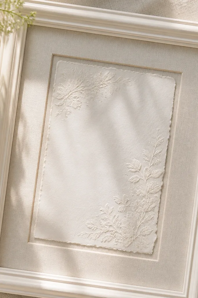 An ivory-toned classic frame with a textured linen-looking mat board. The invitation sits behind glass with a soft border, and the paper texture is visible through the clear panel.