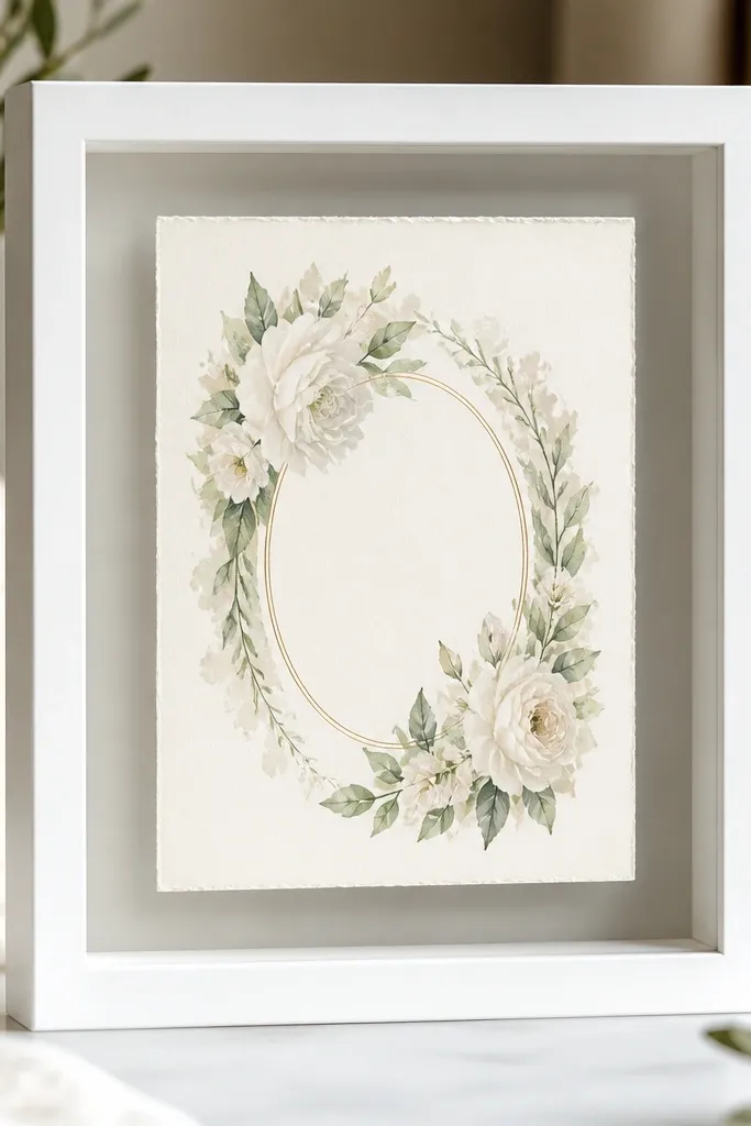 A white shadow box frame with a clear front. The invitation is mounted with a visible gap and looks suspended, with soft shadow around the edges.