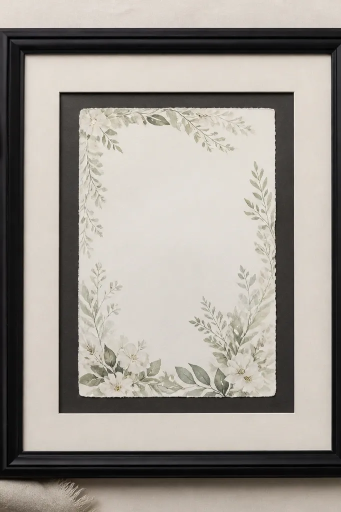 A black classic frame with two mat layers: a darker inner mat and a lighter outer mat. The invitation sits behind glass with a defined border and clean alignment.