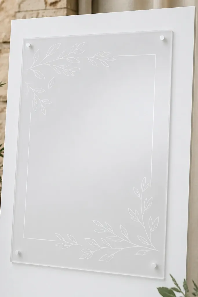 A frosted clear acrylic welcome sign with white vinyl lettering mounted on a flat white foam board. The letters look matte and soft, with no mirror glare.