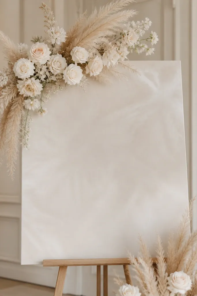 A pearl white acrylic welcome sign with soft off-white lettering. It has a subtle milky finish and looks warm, not icy.