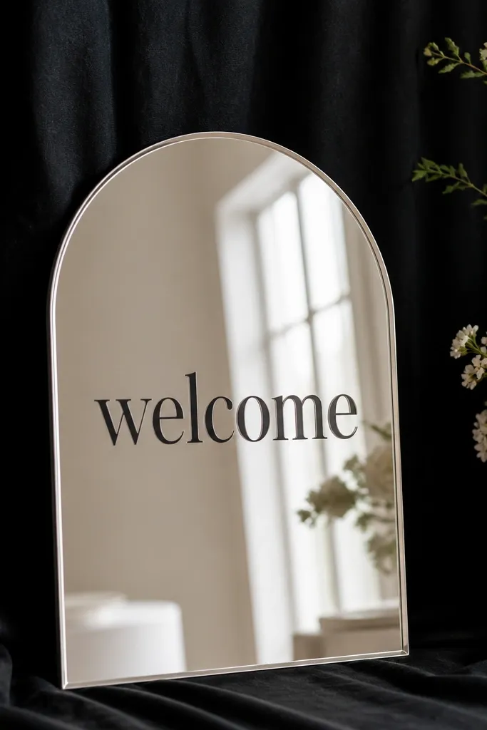 A mirror silver welcome sign with crisp dark lettering, placed against black linen. The mirror reflects the room but the black fabric keeps it controlled.