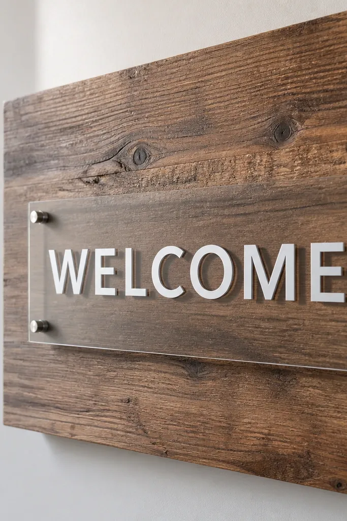 An acrylic welcome sign mounted on a wood board with visible grain. The acrylic letters look crisp against the wood.
