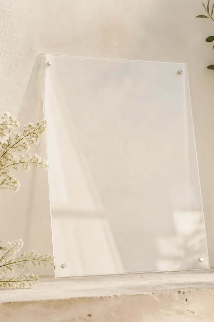 A clear acrylic welcome sign with white vinyl letters. It sits on a pale sand-colored backing and looks airy and bright.