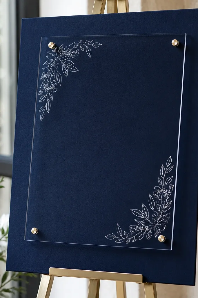 An acrylic welcome sign mounted on navy blue backing. The letters look crisp and high contrast against the dark fabric.