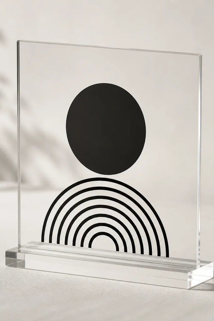 A clear acrylic sign with crisp black vinyl lettering. It sits on a pale background and looks minimal and graphic.