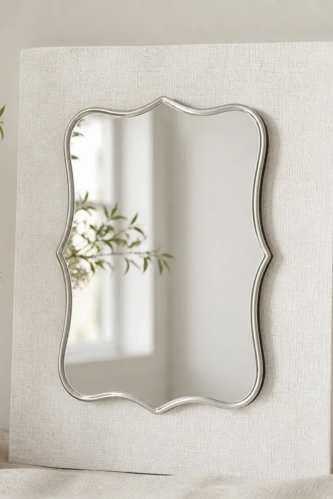 A mirror silver welcome sign placed against a textured white backing like linen or plaster board. The mirror reflects softly without harsh glare.