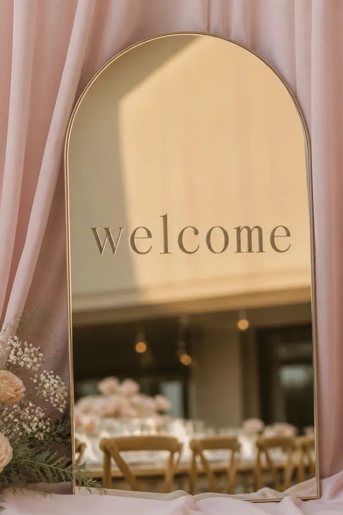A champagne mirror welcome sign against blush pink fabric. The mirror reflects warm tones and the letters are clear and clean.