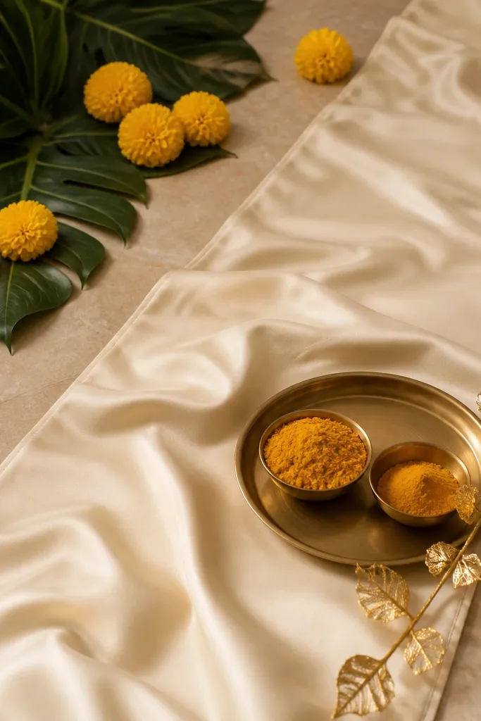 A warm cream matte satin runner laid on the floor with soft wrinkles, a small brass-toned tray holding haldi bowls, and gold foil leaf accents tucked near the tray corner; background has deep green faux leaves and a few yellow marigold blooms.
