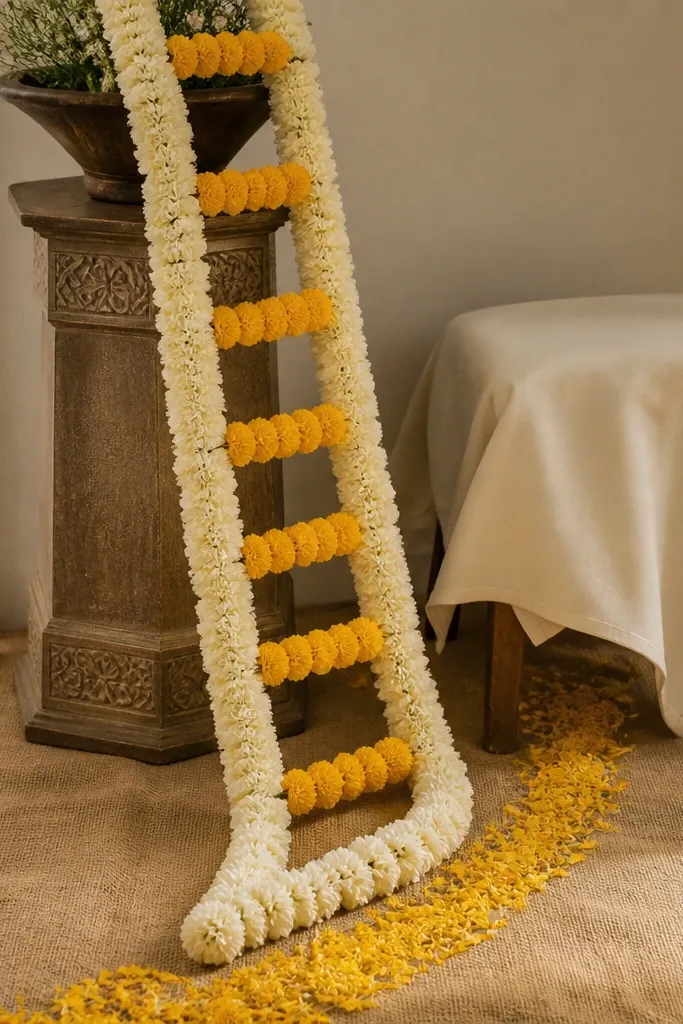 A coarse jute fabric base on the floor, a ladder-like arrangement of warm white marigold garlands leaning against a low stand, with scattered yellow petals in a controlled line and a small stool draped in cream cloth.