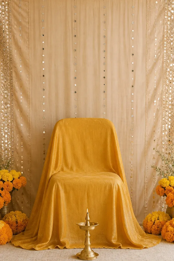 A backdrop made from a beige dupatta with small mirror work panels, hung behind a chair draped in mustard-yellow fabric; marigold clusters sit at both sides of the seat and a small brass lamp sits in front.