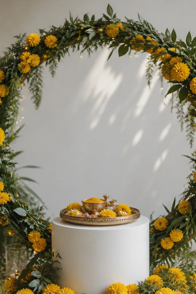A circular floral hoop made with deep green foliage and yellow marigolds, with a small haldi tray placed in the center on a white pedestal; warm lights or fairy string lights are dimly visible.