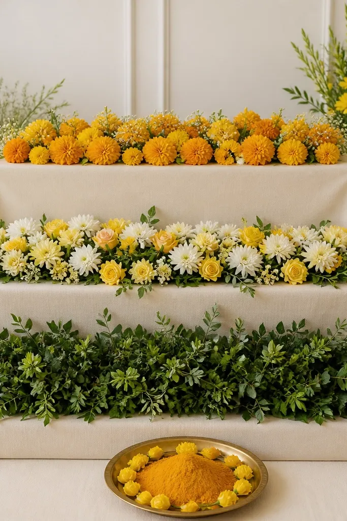 A three-tier step stand covered in warm white fabric, with each tier holding a different flower density: top has small marigold clusters, middle has mixed yellow and white, bottom has deep green foliage; a haldi tray sits on the floor in front.