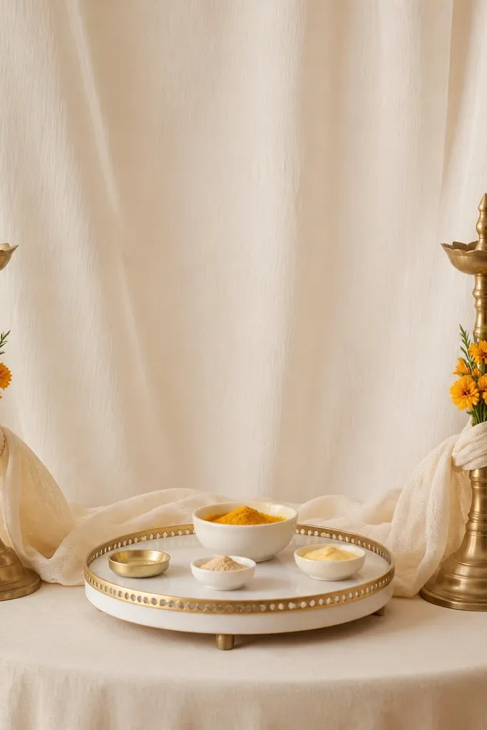 Two brass candlesticks on each side of a haldi table, with small marigold sprigs tucked into cream cloth; the center has a white tray with bowls and a gold rim; background is plain cream drape.