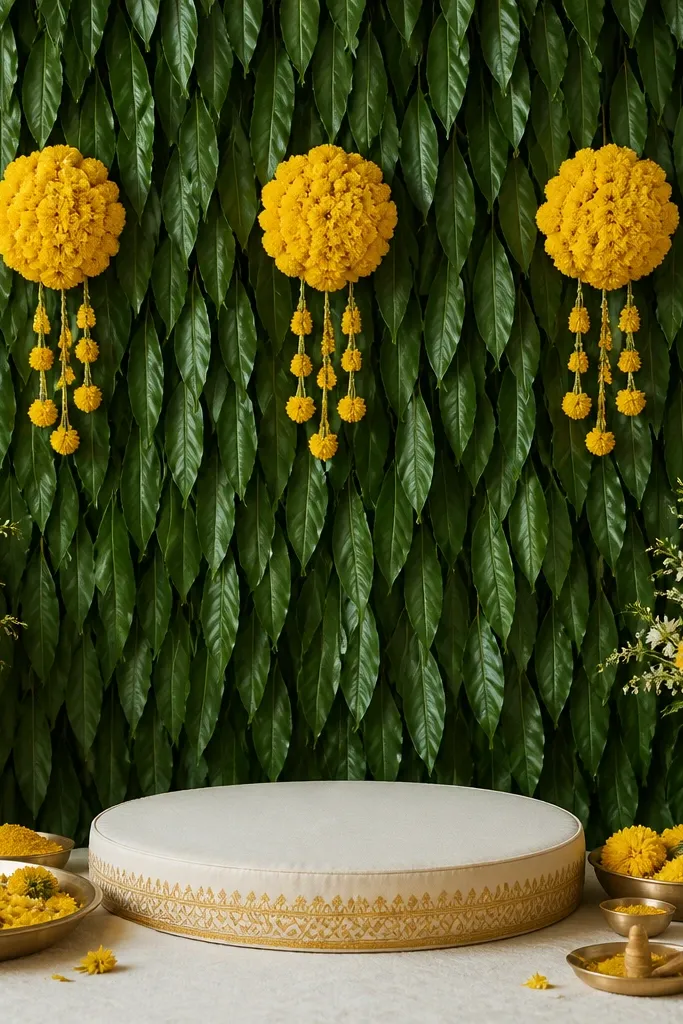A curtain-like backdrop made from deep green faux leaves, with yellow marigold clusters placed in three positions at eye level; the haldi setup sits below on a cream base.