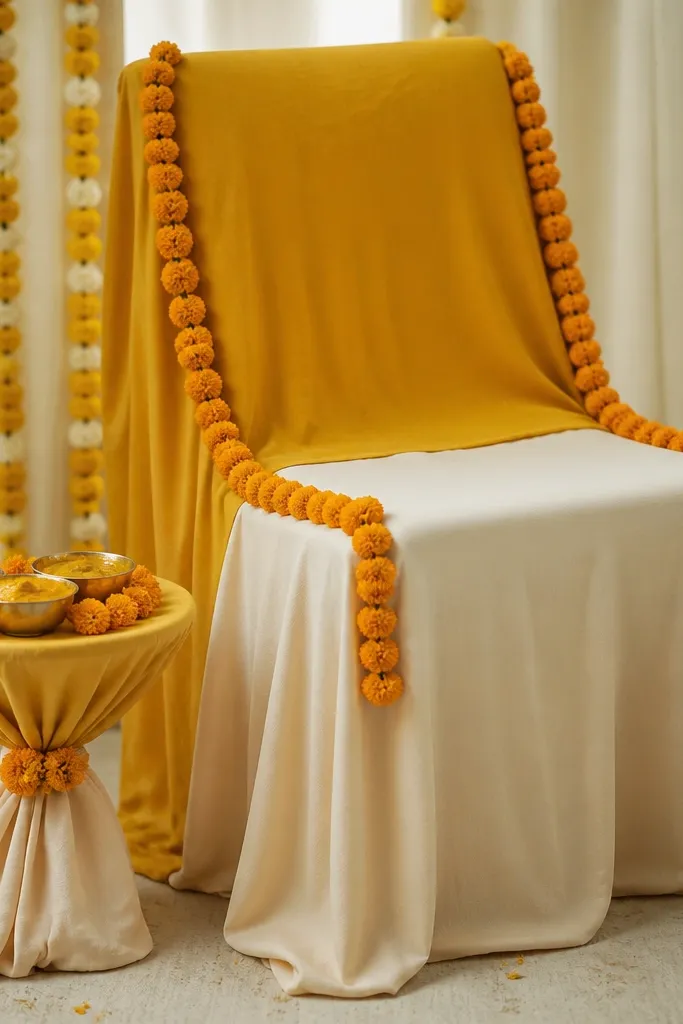 A chair draped with mustard fabric on the back and cream fabric on the seat, with a small stand holding haldi bowls wrapped in the same fabric; marigold buds line the chair edges.