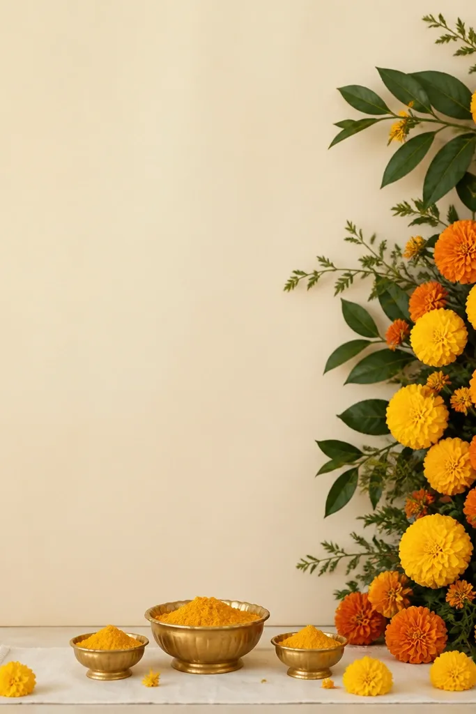 A plain cream backdrop panel with a single large floral cluster made of marigolds and deep green leaves on the right side; the left side is empty; haldi bowls sit at the bottom center on a small white cloth.