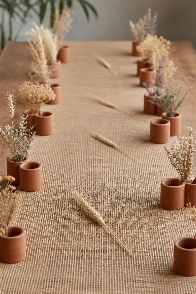 A narrow jute runner laid down a table lengthwise. Along both edges sit small terracotta votive cups in pairs, each with a different dried sprig tucked into the holder. The center is mostly clear wood, with a few scattered dried wheat stems.