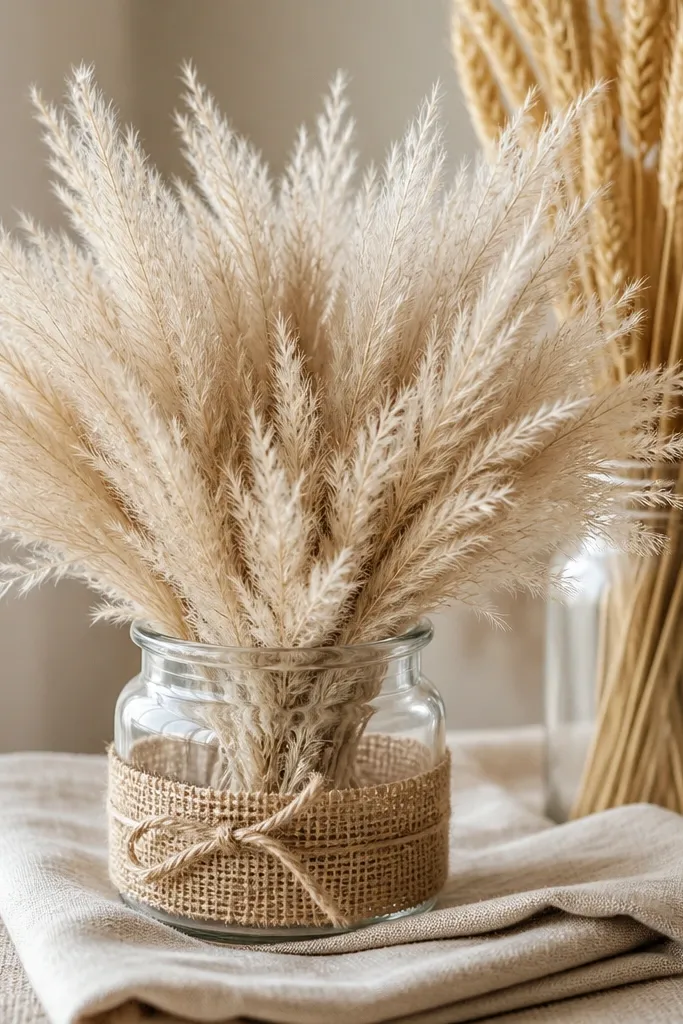 A short clear glass jar filled with pale pampas plumes. The jar sits on a folded linen napkin, with a strip of burlap tied around the base. Behind it, a second jar holds wheat stems.