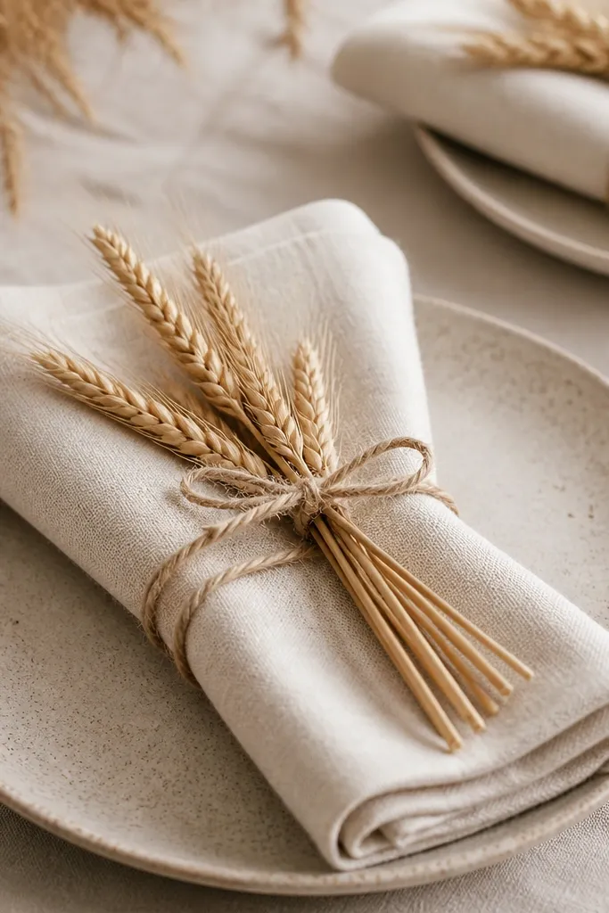 Cream linen napkins with simple folds. Each napkin has a wheat bundle tied around it with twine, leaving the ends sticking out like small feathers.