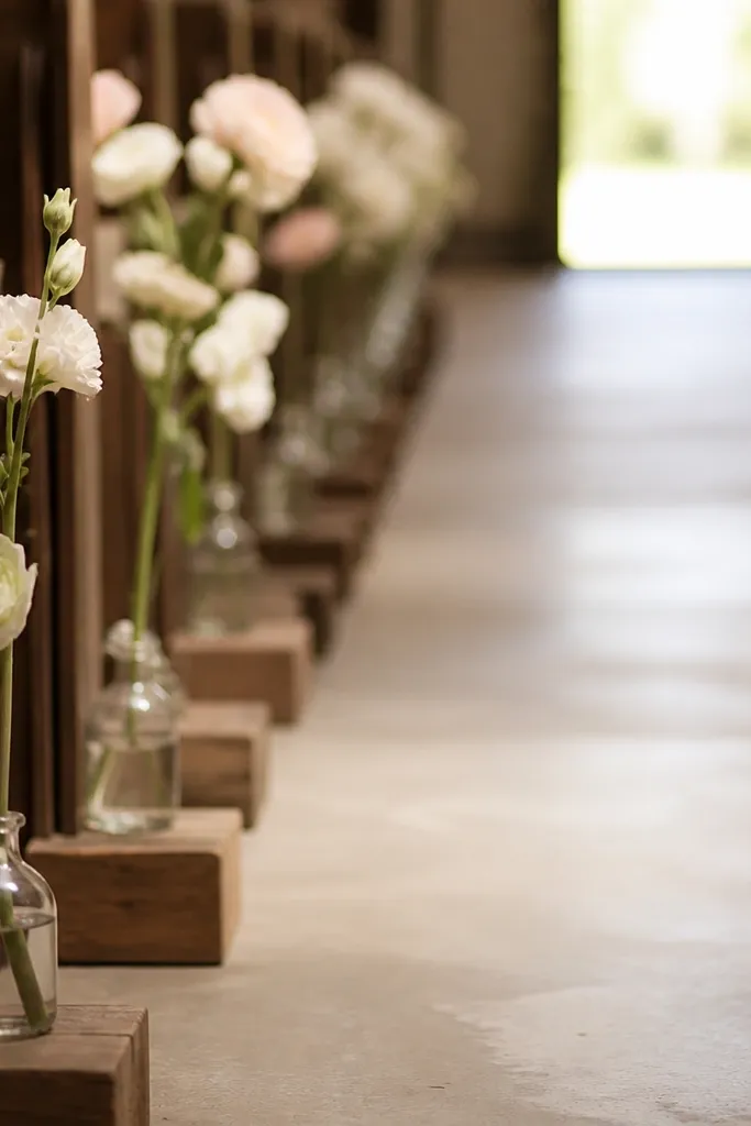Along one side of a narrow aisle, small glass bud bottles sit on low wooden blocks. Each bottle holds one pale stem. The aisle looks open in the center with clear walk space.