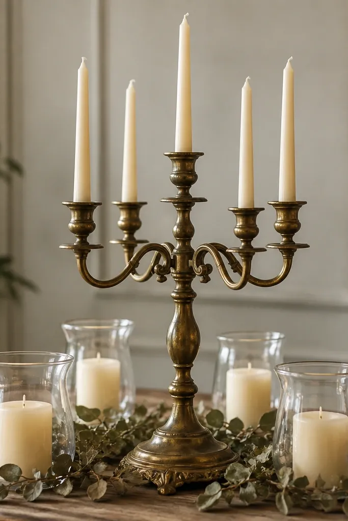 An antique brass candelabra centered on a table. Around it are mini clear hurricane candle holders filled with cream candles. A few dried eucalyptus sprigs tuck around the base.