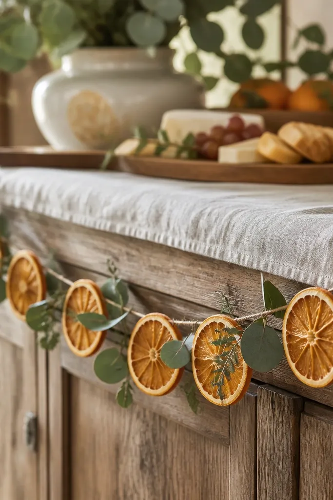 A garland of dried orange slices draped along the front of a buffet. Small sprigs of eucalyptus are tucked between slices. A linen runner sits underneath.