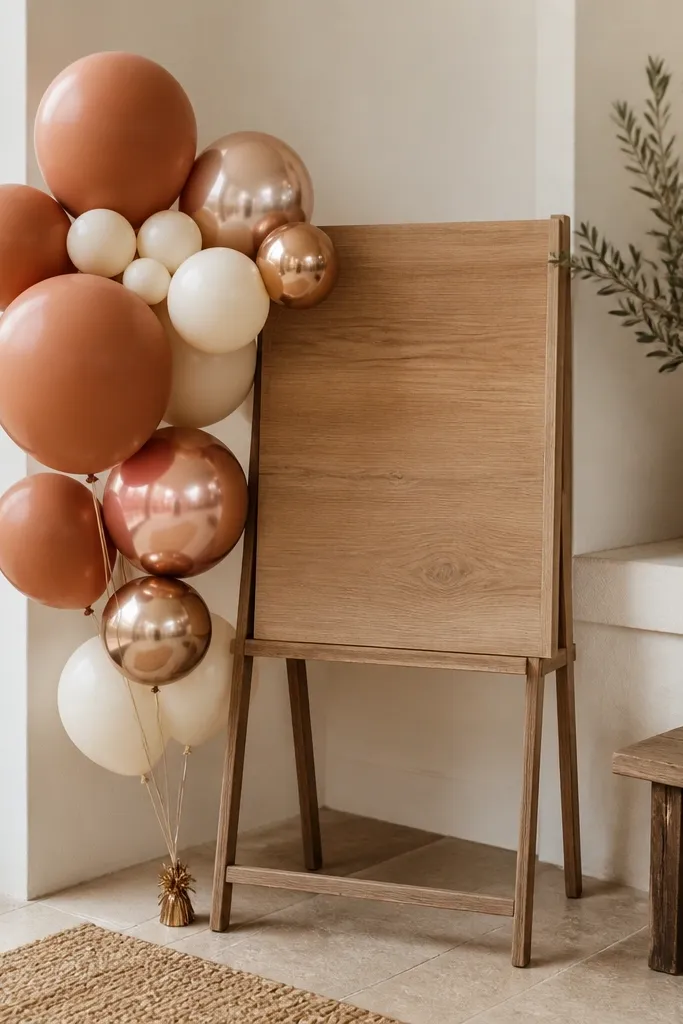 A small balloon cluster in the entry corner: matte terracotta balloons, bronze foil accents, and a few cream balloons. The cluster is tied near a wooden sign stand.