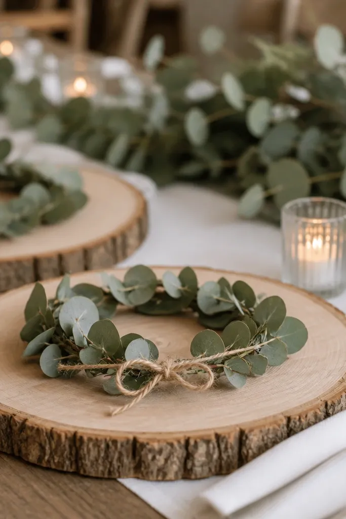 Wood slice chargers on a table. On each charger sits a small ring made from eucalyptus stems tied with twine.