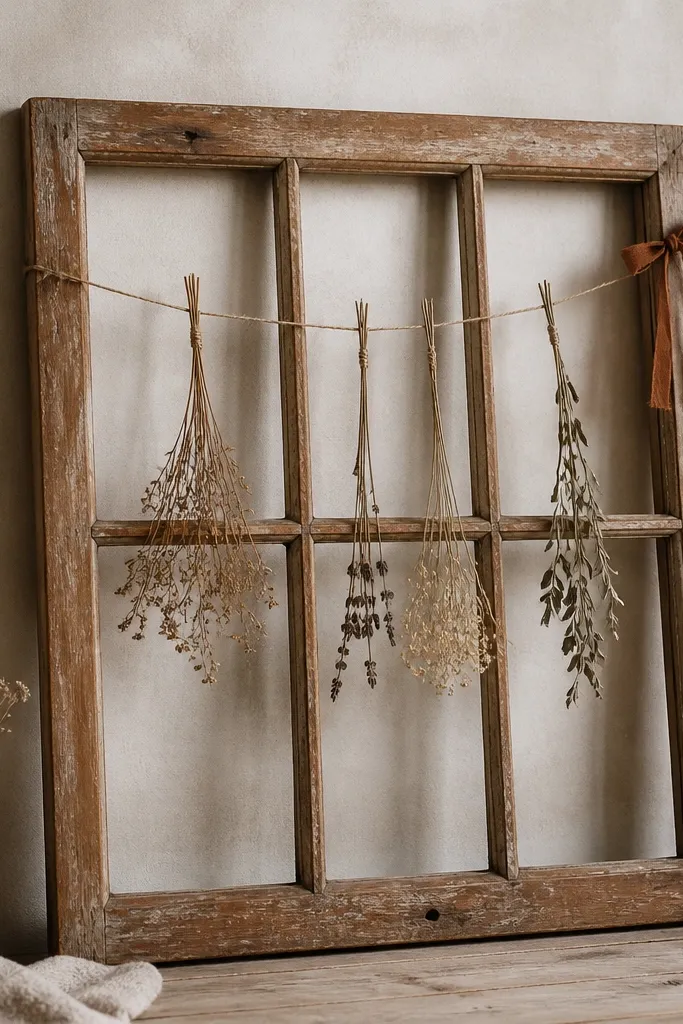 A reclaimed wooden window frame leaning against a wall. Dried stems hang from twine across the panes, with a small rust-colored ribbon on one side.