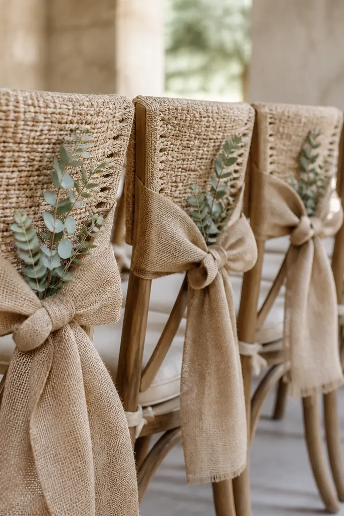 Rows of chairs with jute-wrapped chair backs. Each chair has a tied burlap bow with a small dried eucalyptus sprig tucked into the knot.