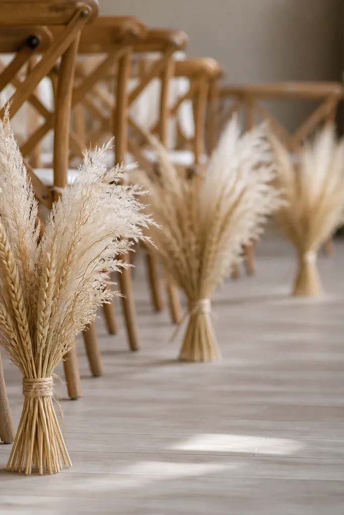 Three identical small bouquets placed at even intervals down the aisle. Each bouquet is tied with twine and contains pale pampas plumes and wheat stems, kept low and airy.