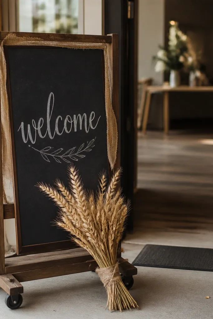 A rolling chalkboard stand near the entry. The welcome text is in white chalk on a dark board. Around the board is a small jute wrap and a dried wheat bundle at the base.