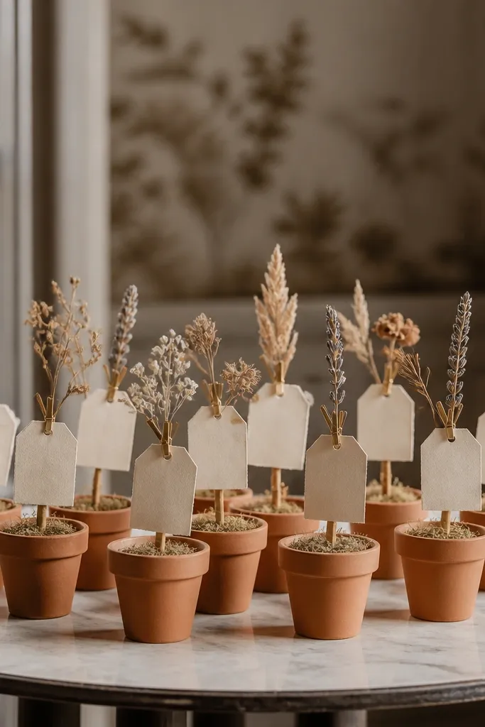 Small terracotta planters on a side table. Each planter holds a single dried stem and a table number sign clipped to twine.
