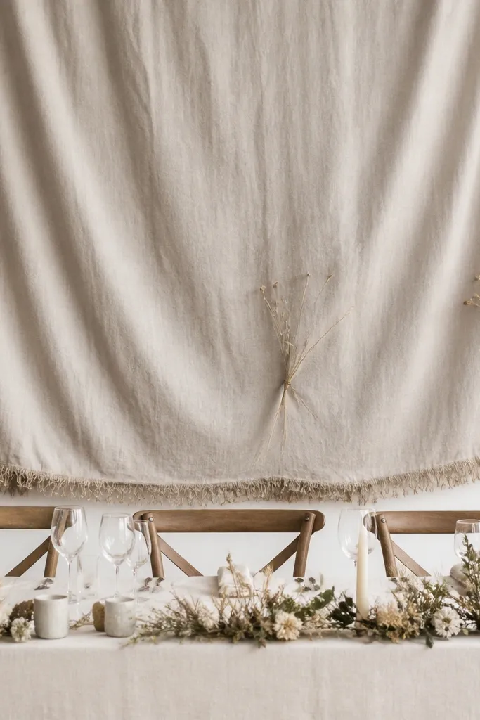 A simple linen backdrop behind the head table. The bottom edge has a rough jute fringe and a few dried stems tucked into the drape.