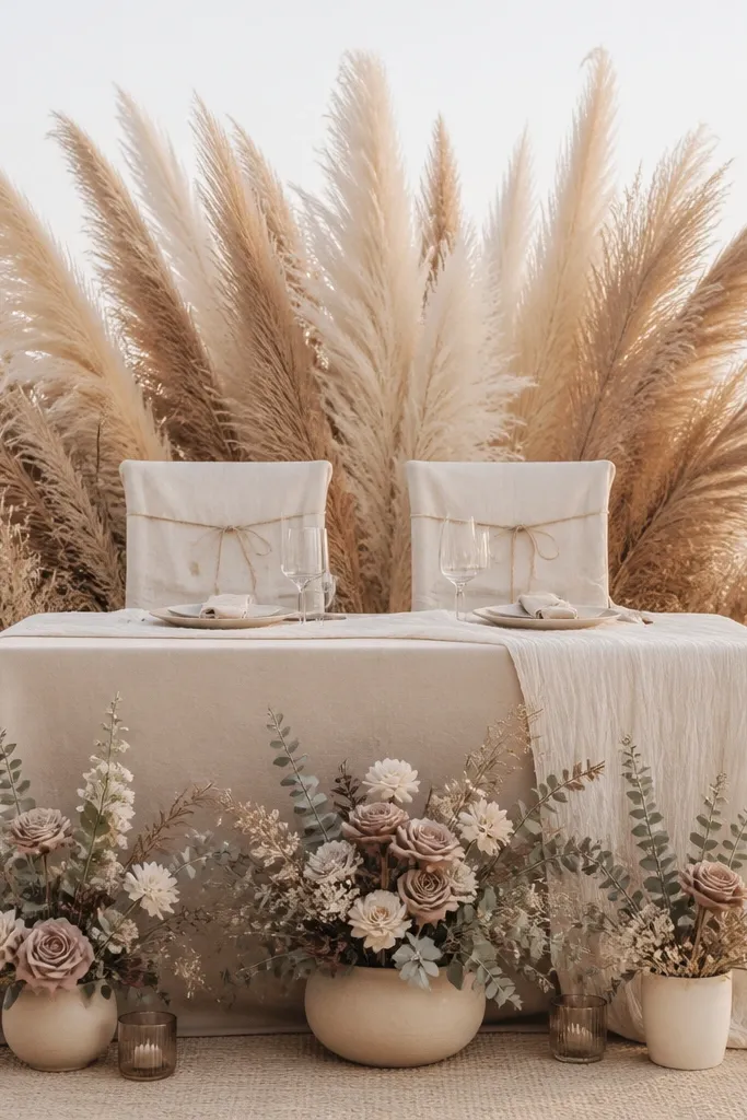 A boho sweetheart table with a sandy-beige tablecloth and a cream runner. Centered behind the table is a wide fan of pampas feathers in tall clumps, mostly taupe and ivory. In front, there are low arrangements of dried eucalyptus, dried roses, and small cream blooms in three ceramic vessels. The chairs have simple linen covers with a thin twine bow.