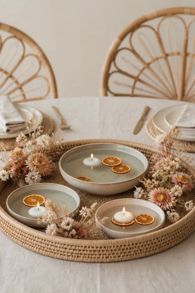 A large round rattan tray sits in the center of a cream linen-covered sweetheart table. Inside the tray are shallow bowls with water, floating candles, and slices of dried orange. Around the tray edges are small clusters of dried flowers in muted peach and blush. Two rattan chair back accents mirror the tray material.