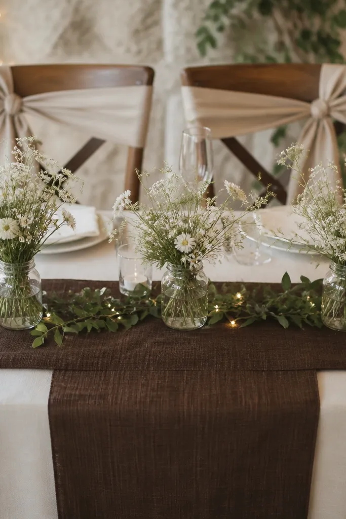 A sweetheart table with a light cream tablecloth and a dark walnut-brown runner that has a subtle woven texture. Along the runner are three off-white wildflower clusters in small glass jars. The chair backs have simple linen bows in warm beige. A string of tiny fairy lights runs behind the clusters, partially hidden by greenery.