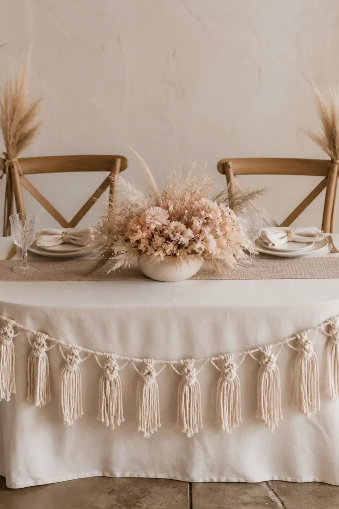 A boho sweetheart table with a cream linen cloth and a narrow runner. Across the front edge hangs a macramé garland made of thick cream cord, with small knots spaced evenly. The center has a low arrangement of dried pampas tips and blush dried flowers in a ceramic bowl. Chair backs have single stems of dried grass tied with twine.