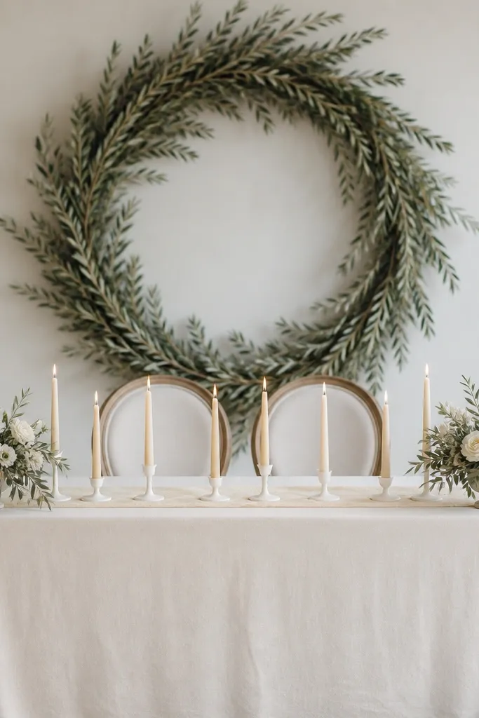 Behind the sweetheart chairs is a large olive branch wreath made of thick, silvery-green leaves. The sweetheart table has a cream linen cloth and a simple runner. Low arrangements sit in two small urns, with olive leaves and pale cream blooms. Several cream taper candles in white holders line the table center at even spacing.